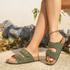 Black women's comfort sandal with cork sole and gold buckles