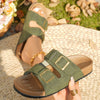 Army green double buckle slip-on sandal on foot outdoors