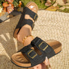 Summer-ready army green sandals styled with gold jewelry